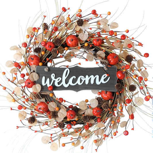 Fall Welcome Wreath 22 inches Autumn Front Door Wreath Harvest Wreath with Pumpkins Dry Vine Branches Berries and Pine Cones Fall Decorations for Indoor Wall Window Festival Thanksgiving Fall Decor