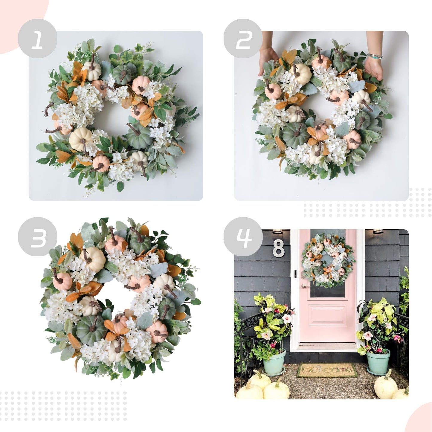 idyllic 22" Rustic Farmhouse Fall Wreath - Green Pink White Pumpkin Wreath with Hydrangea & Lamb Ear for Front Door Outside, Thanksgiving Decorations & Fall Decorations for Home