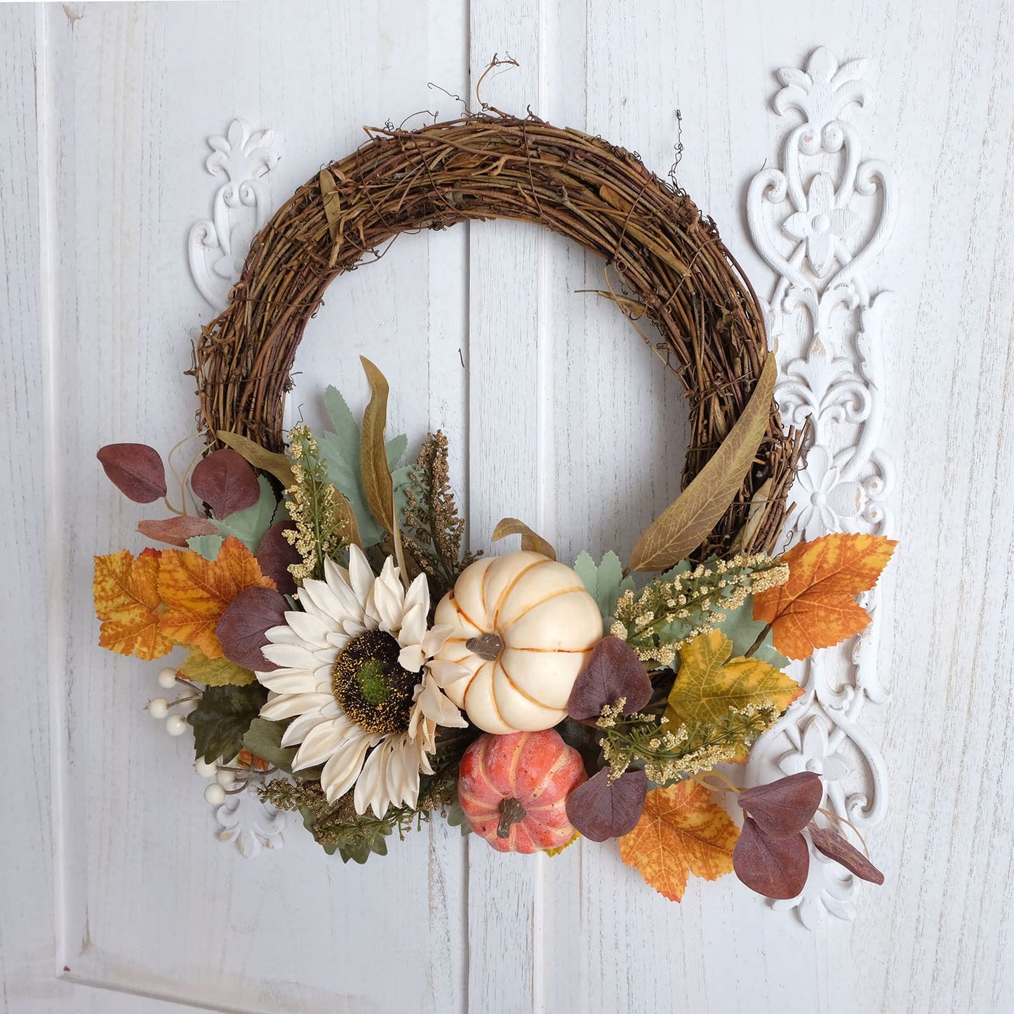 idyllic 20" White Sunflower Artificial Pumpkins Fall Wreath - Green & Yellow Leaves for Front Door Outside, Halloween Wreath, Fall Decorations for Home