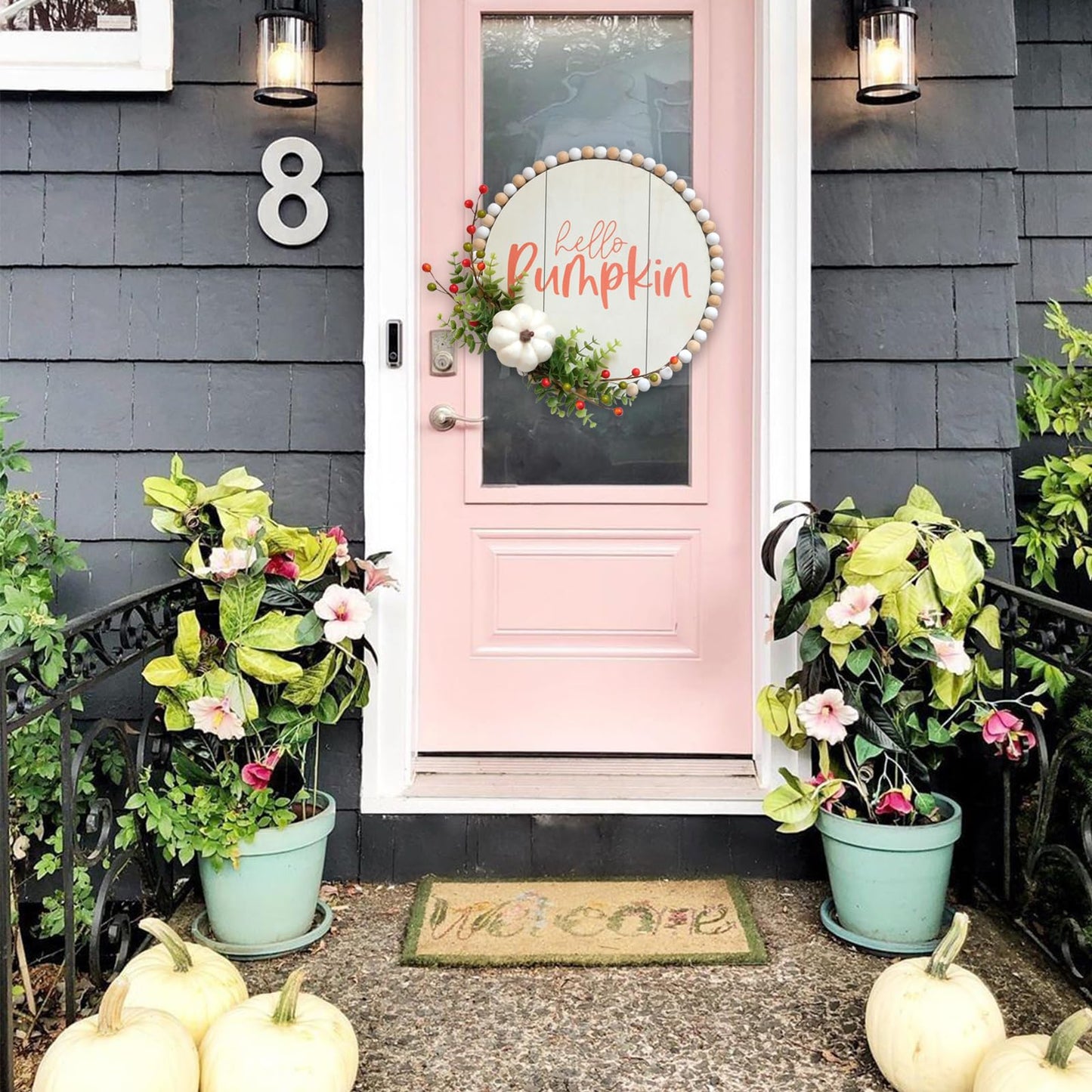 Hello Pumpkin Front Door Sign Fall Wreath with Pinecones, Artificial Pumpkin and Red Leaves, Rustic Wood Farmhouse Porch Decor for Home Front Door Decor 14 inches