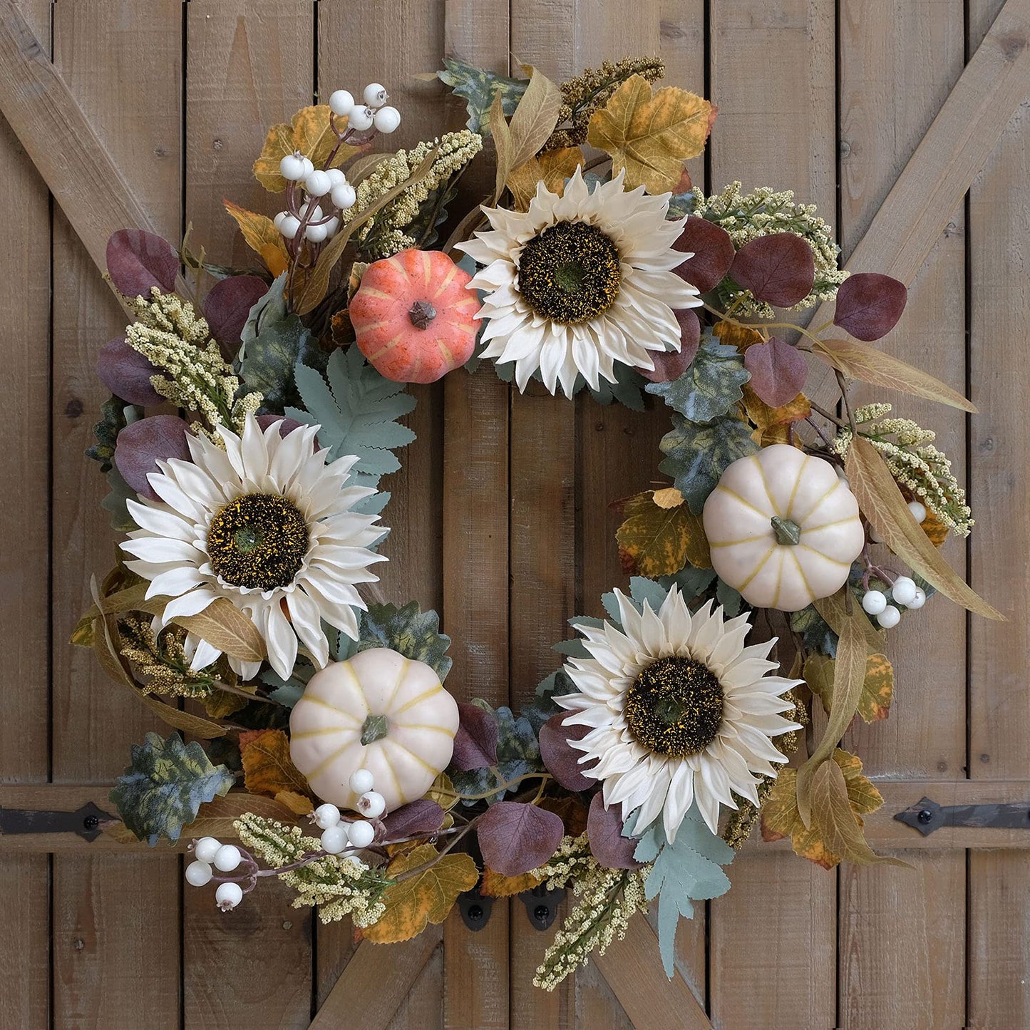 idyllic 20" White Sunflower Artificial Pumpkins Fall Wreath - Green & Yellow Leaves for Front Door Outside, Halloween Wreath, Fall Decorations for Home