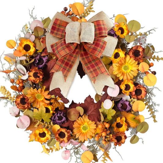 idyllic 20 Inch Fall Wreaths for Front Door Outside - Thanksgiving Decorations with Orange Plaid Bow, Sunflower, Purple Flower, Daisy, Eucalyptus - Fall Decorations for Home, Fall Decor