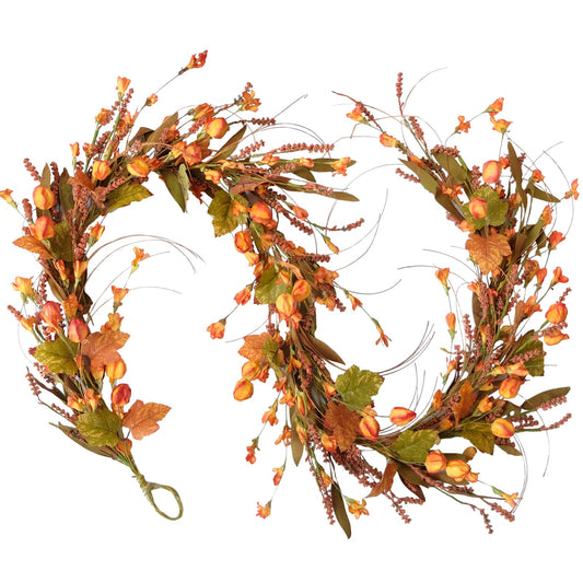 Fall Leaves Garland - 82" Autumn Orange Maple Floral Wreath with Forsythia for Front Door, Harvest Thanksgiving Halloween Decor - Ideal for Indoor & Outdoor Use