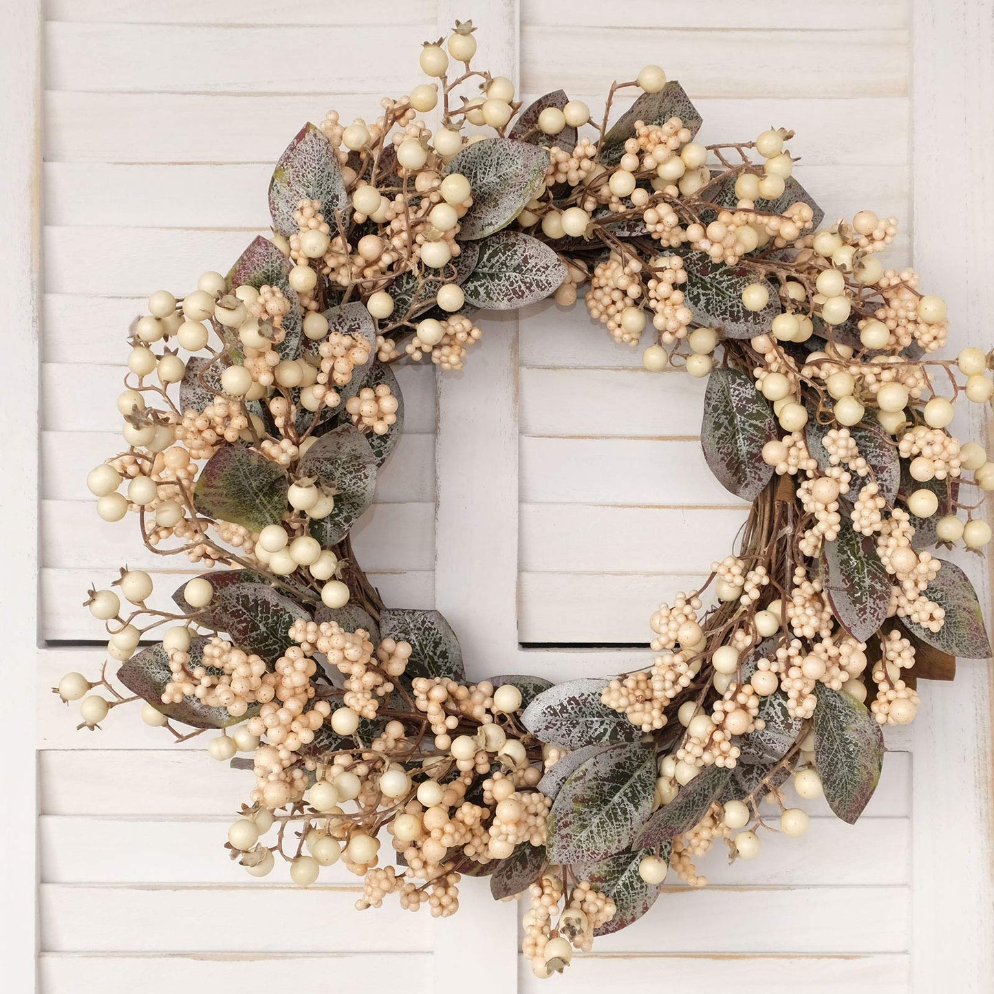 idyllic Artificial Eucalyptus Leaf Wreath White Berries Greenery for Front Door Decor Outdoor Wall Decoration 18"