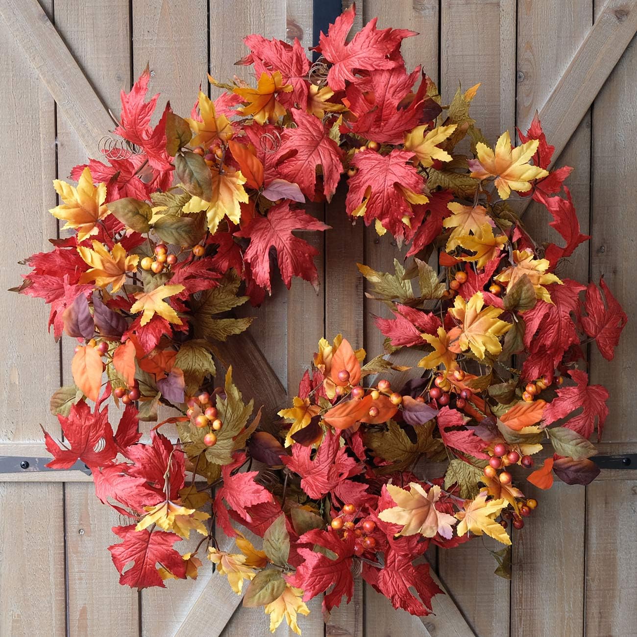 idyllic 20 Inches Wreath of Fall Foliage Maple Leaf, Artificial Wreath for Indoor Decor