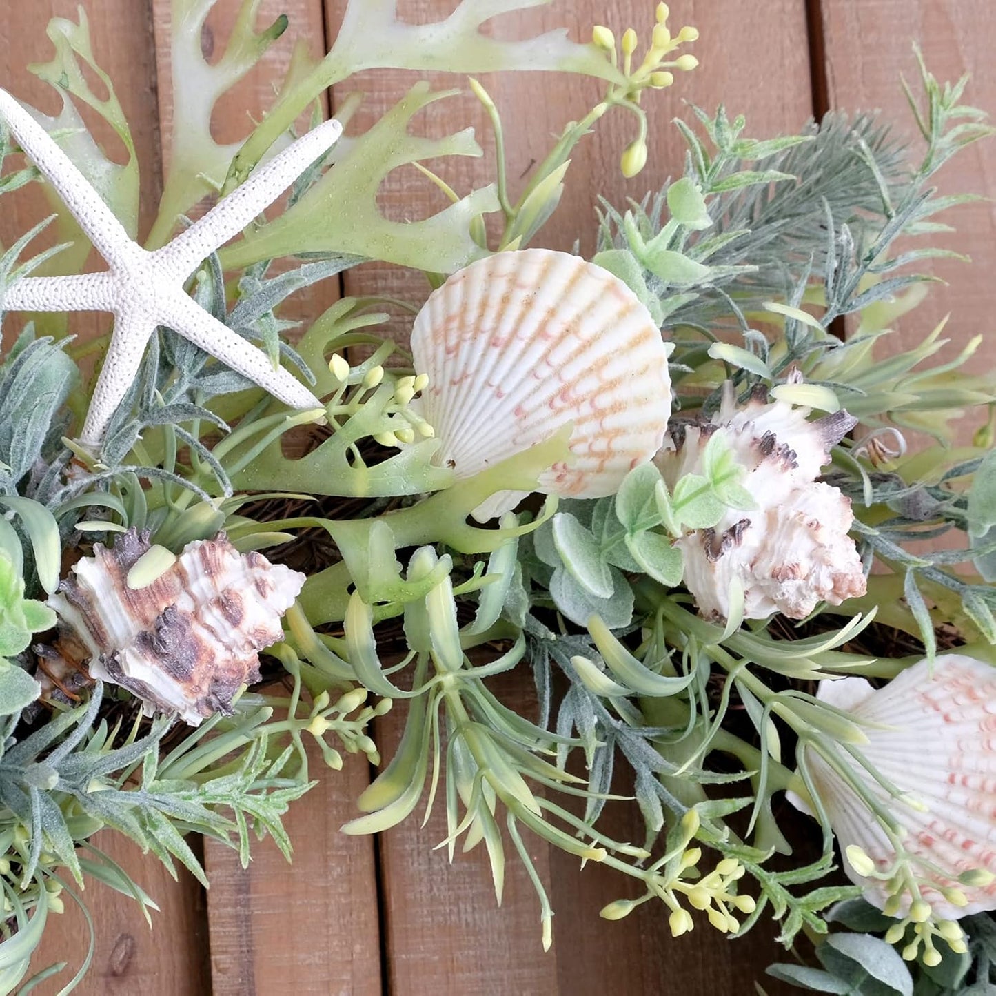 Idyllic 18 Inch Seashell Wreath with Green Leaves for Front Door and Wedding, Rustic Farmhouse Costal Starfish Conch Shells Wreath for Indoor and Outdoor, Spring Summer Home Decor Wreath