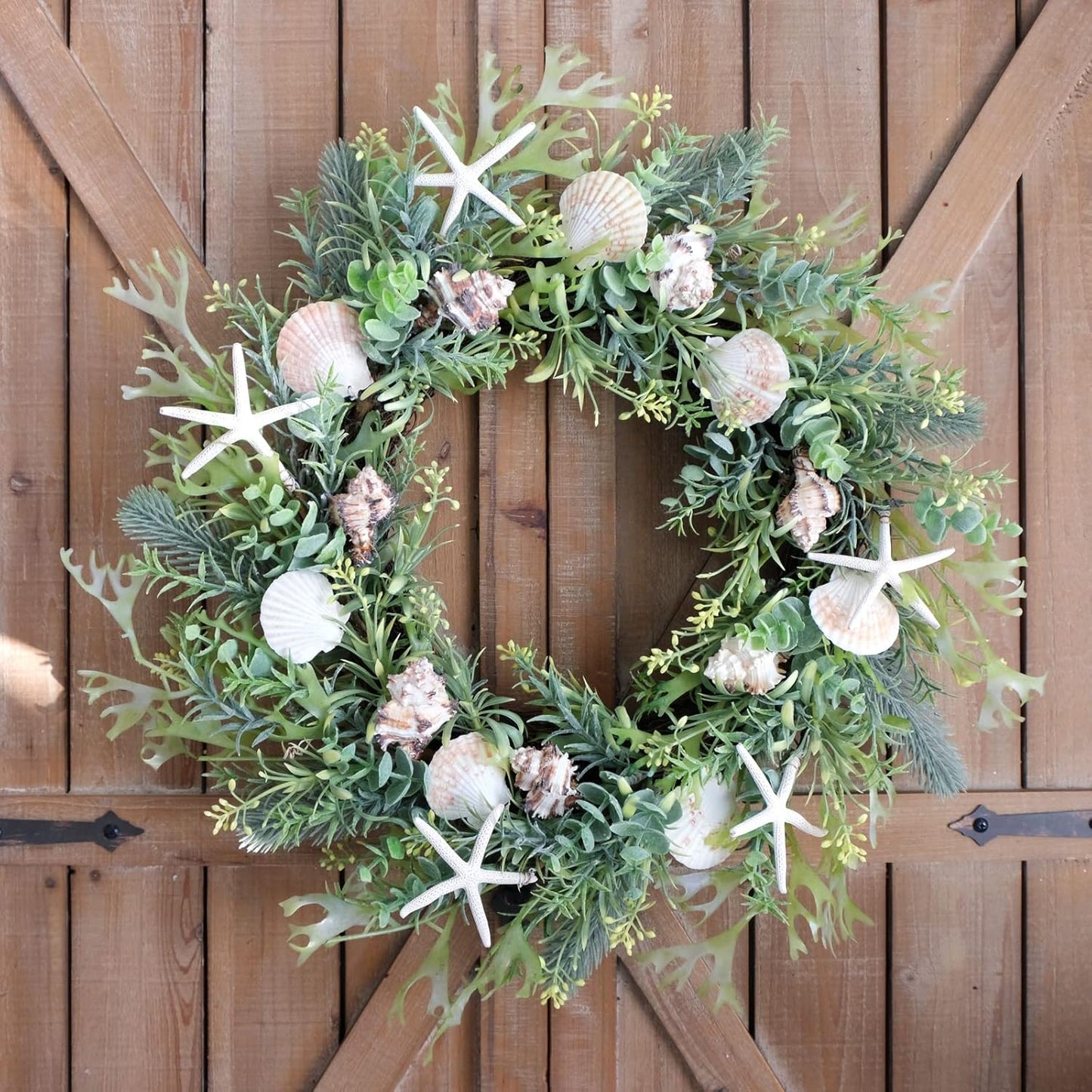 Idyllic 18 Inch Seashell Wreath with Green Leaves for Front Door and Wedding, Rustic Farmhouse Costal Starfish Conch Shells Wreath for Indoor and Outdoor, Spring Summer Home Decor Wreath