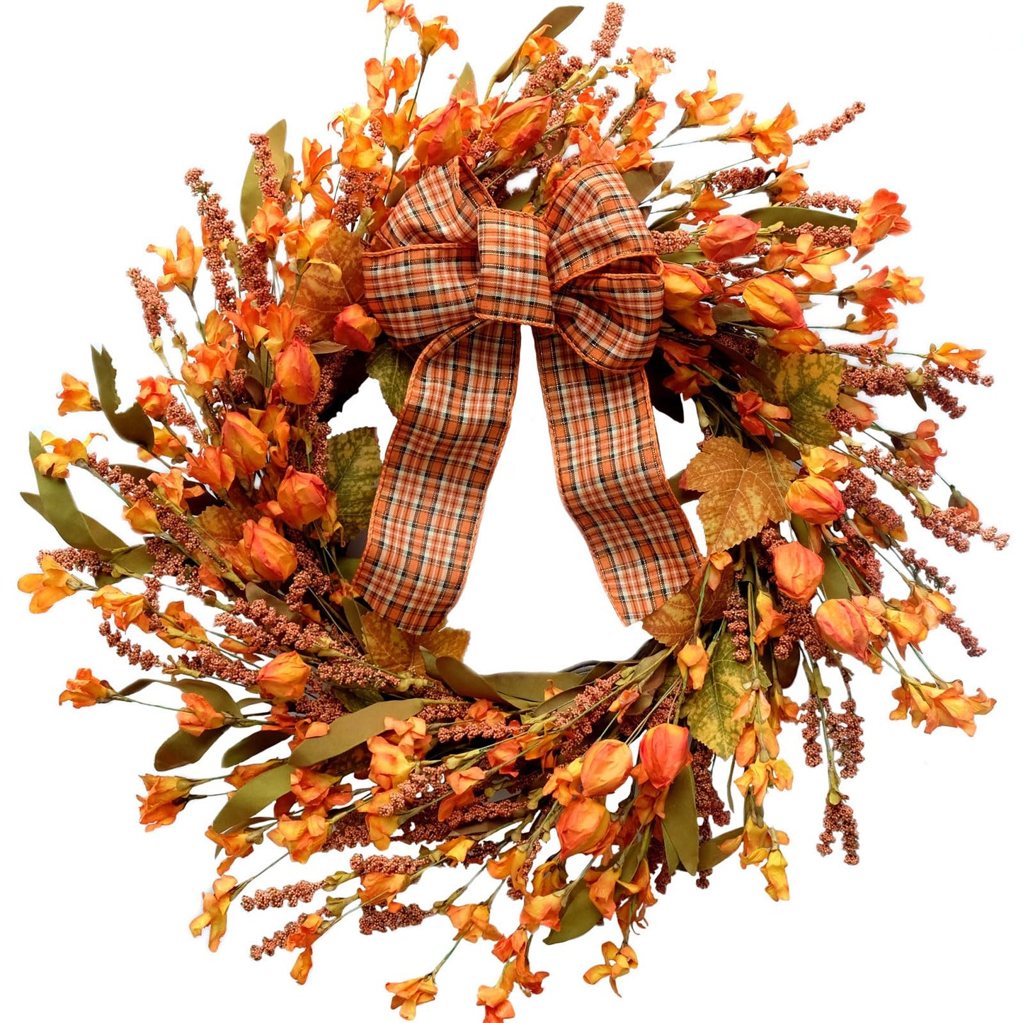 Idyllic 18 Inches Artificial Fall Wreath, Autumn Wreath with Berries & Leaves, Thanksgiving Harvest Front Door Wreath for Home Farmhouse Halloween Thanksgiving Day Festival Celebration Decor