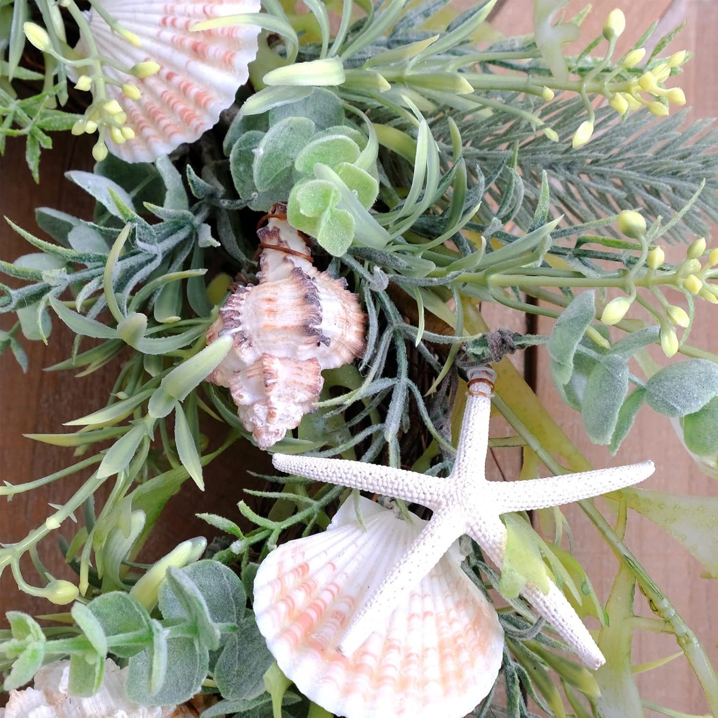 Idyllic 18 Inch Seashell Wreath with Green Leaves for Front Door and Wedding, Rustic Farmhouse Costal Starfish Conch Shells Wreath for Indoor and Outdoor, Spring Summer Home Decor Wreath