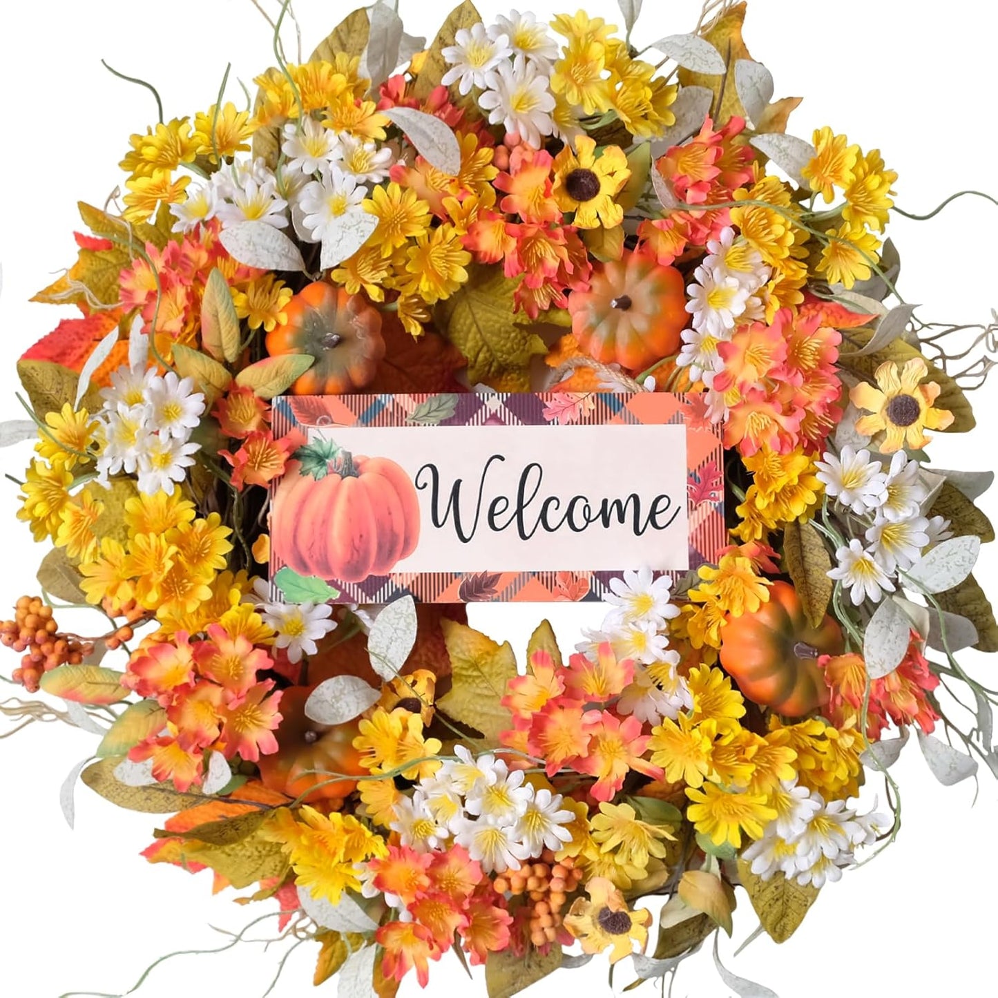 idyllic 22 Inch Fall Wreaths for Front Door Outside, Pumpkin Sunflowers Yellow White Daisies Silk Leaves, Thanksgiving Decorations for Home Porch, Fall Decor