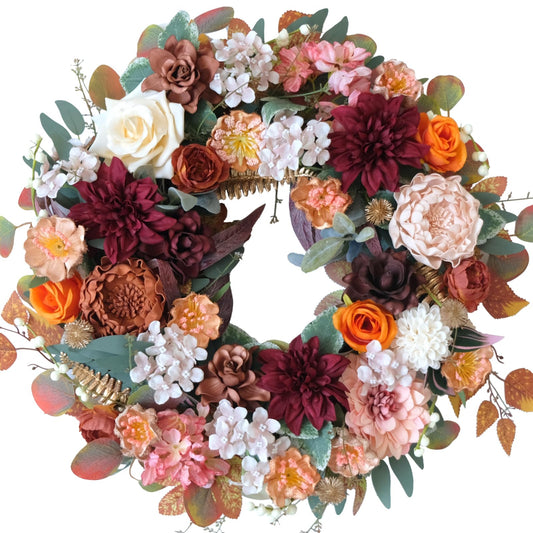 Fall Flower Wreath for Front Door with Burgundy Dahlias, Orange Roses Hydrangeas and Green Leaves, 22 inche Autumn Wreath for Home Indoor and Outdoor, Fall Wreath for Harvest Thanksgiving Decoration