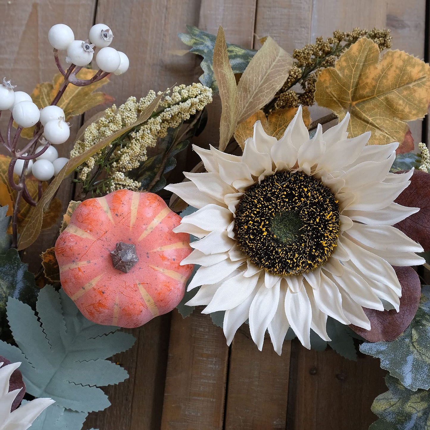 idyllic 20" White Sunflower Artificial Pumpkins Fall Wreath - Green & Yellow Leaves for Front Door Outside, Halloween Wreath, Fall Decorations for Home