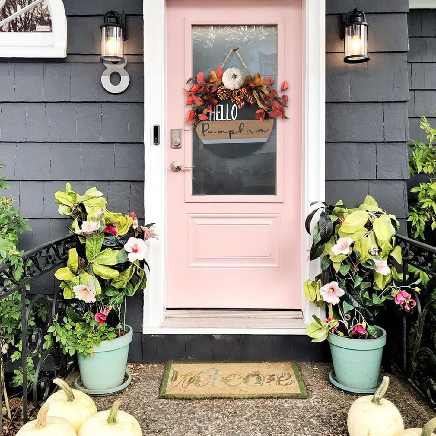 Hello Pumpkin Front Door Sign Fall Wreath with Pinecones, Artificial Pumpkin and Red Leaves, Rustic Wood Farmhouse Porch Decor for Home Front Door Decor 14 inches