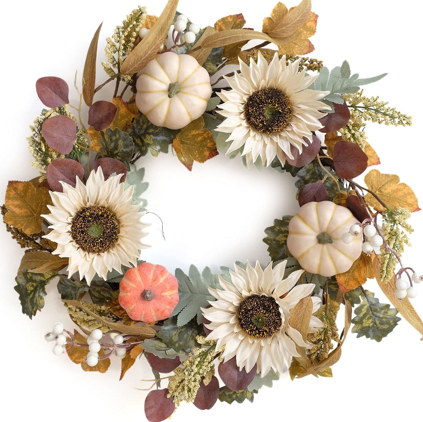 idyllic 20" White Sunflower Artificial Pumpkins Fall Wreath - Green & Yellow Leaves for Front Door Outside, Halloween Wreath, Fall Decorations for Home