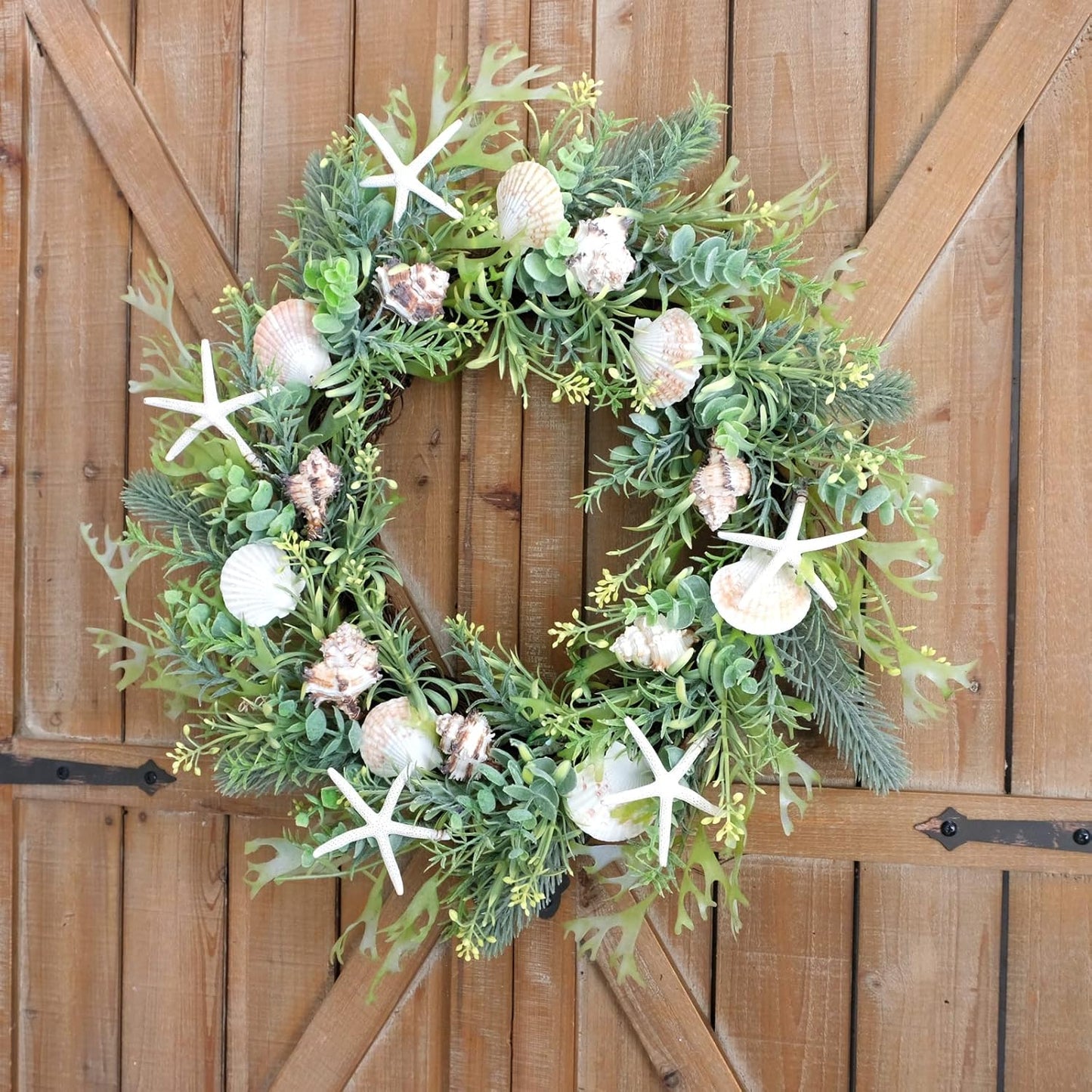 Idyllic 18 Inch Seashell Wreath with Green Leaves for Front Door and Wedding, Rustic Farmhouse Costal Starfish Conch Shells Wreath for Indoor and Outdoor, Spring Summer Home Decor Wreath