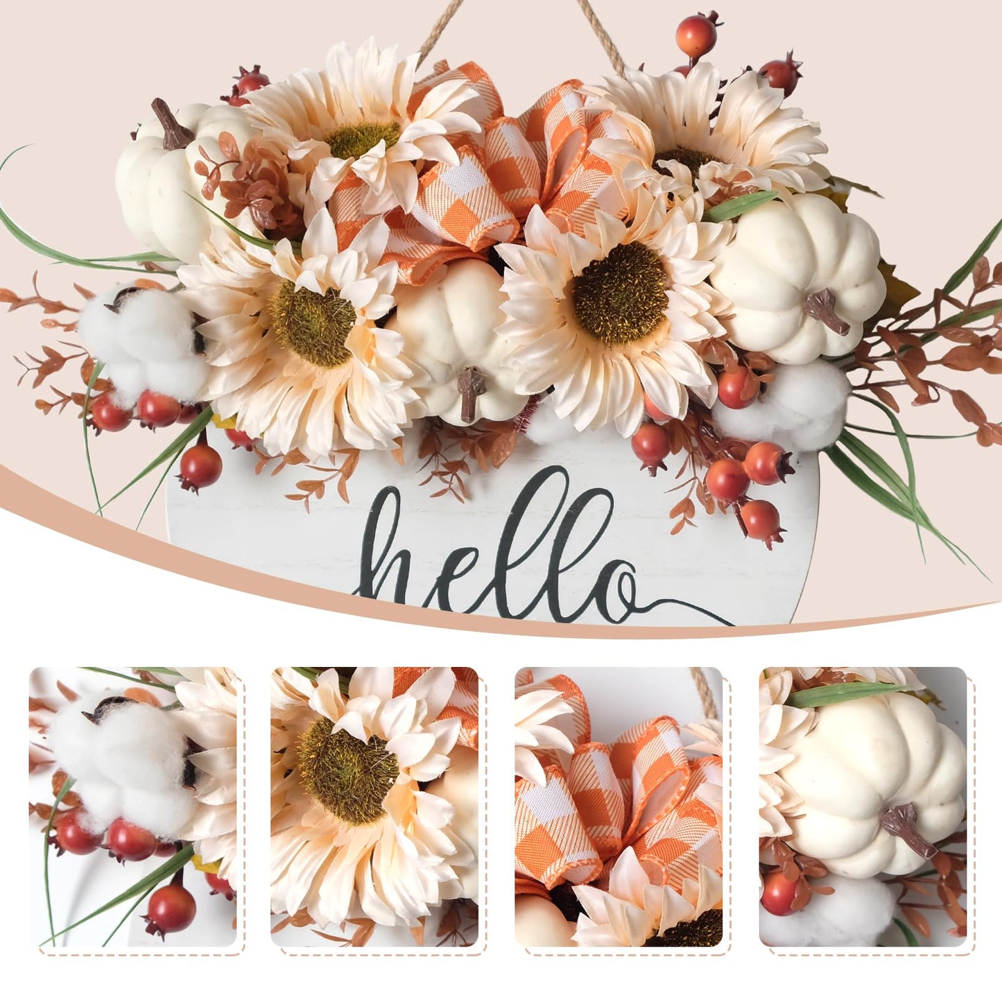 Hello Pumpkin Front Door Sign Fall Wreath with Pinecones, Artificial Pumpkin and Red Leaves, Rustic Wood Farmhouse Porch Decor for Home Front Door Decor 14 inches