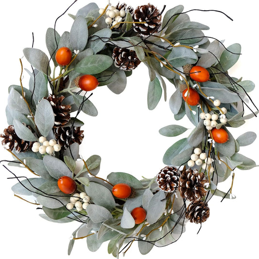 idyllic 20 Inches Fall Wreaths for Front Door Outside - Green Leaves Wreath with White Berry, Acorn & Pine Cone - Autumn Wreaths for Front Door Decor - Front Door Wreath for Fall Door Decor