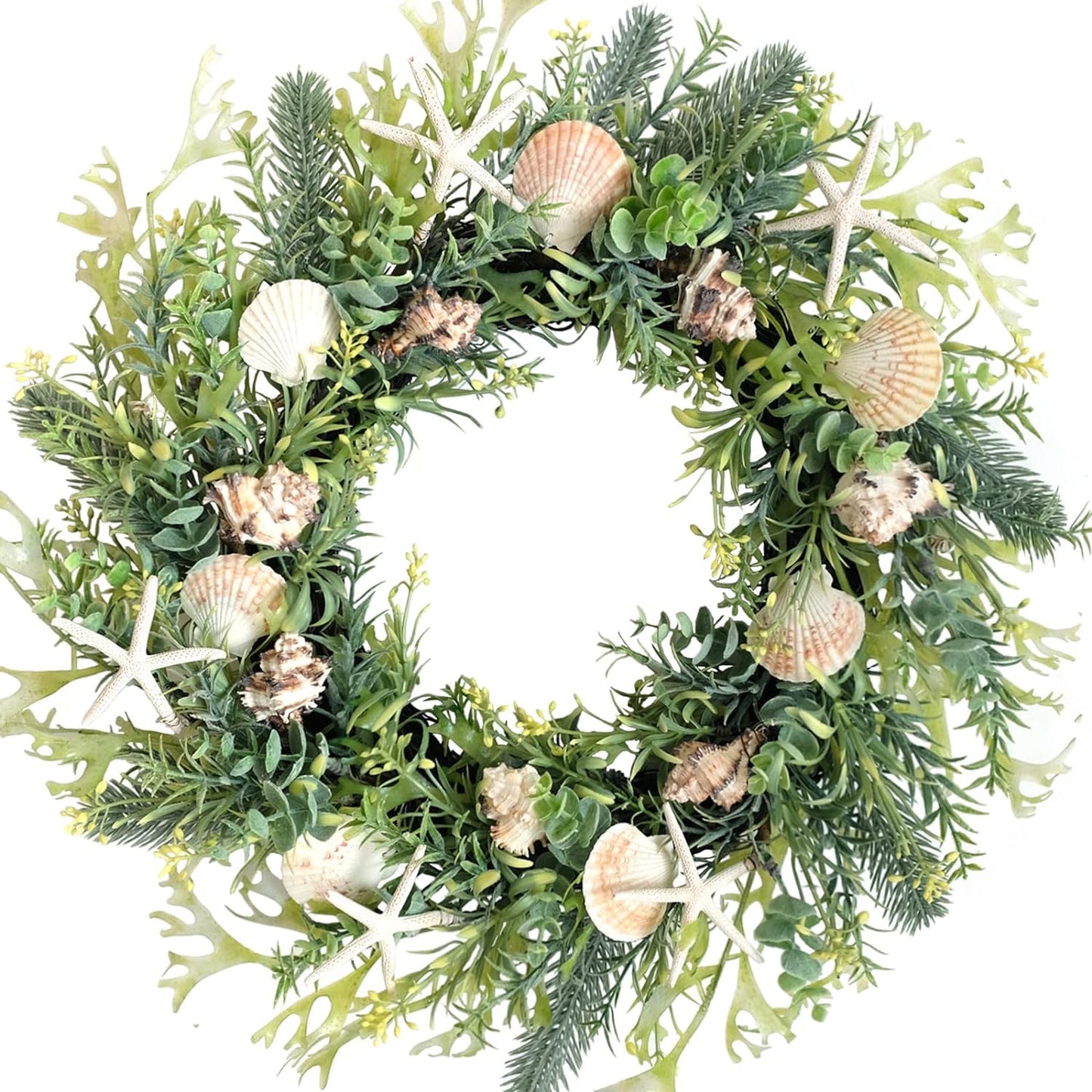 Idyllic 18 Inch Seashell Wreath with Green Leaves for Front Door and Wedding, Rustic Farmhouse Costal Starfish Conch Shells Wreath for Indoor and Outdoor, Spring Summer Home Decor Wreath