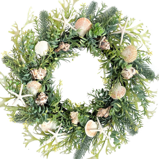 Idyllic 18 Inch Seashell Wreath with Green Leaves for Front Door and Wedding, Rustic Farmhouse Costal Starfish Conch Shells Wreath for Indoor and Outdoor, Spring Summer Home Decor Wreath