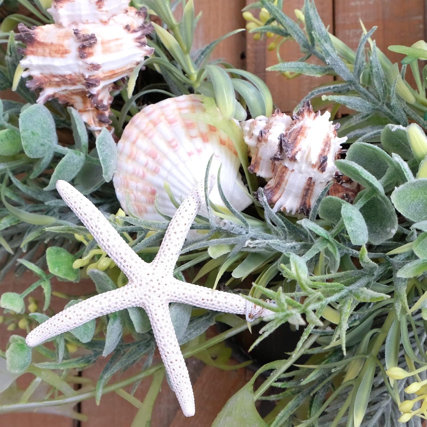 Idyllic 18 Inch Seashell Wreath with Green Leaves for Front Door and Wedding, Rustic Farmhouse Costal Starfish Conch Shells Wreath for Indoor and Outdoor, Spring Summer Home Decor Wreath