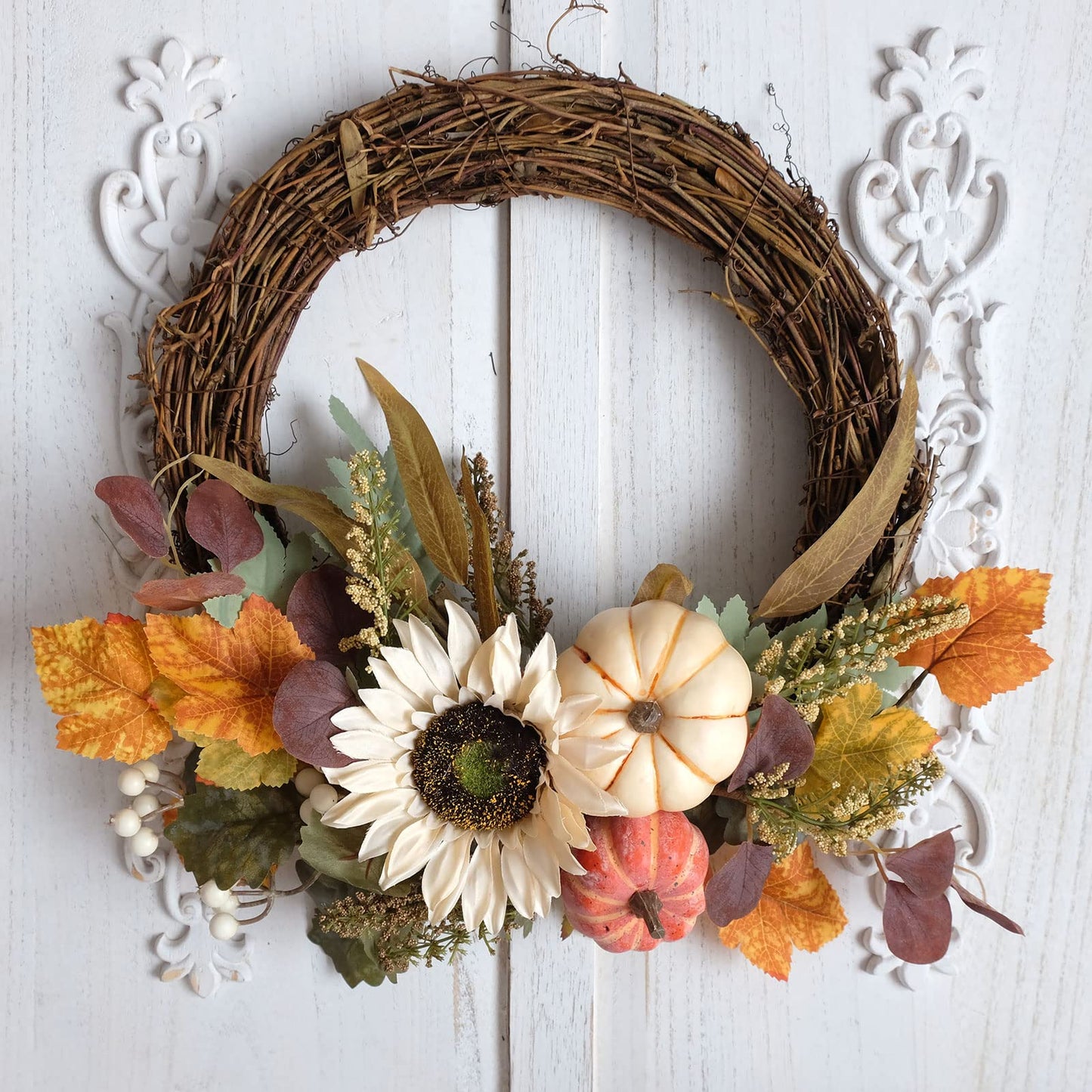 idyllic 20" White Sunflower Artificial Pumpkins Fall Wreath - Green & Yellow Leaves for Front Door Outside, Halloween Wreath, Fall Decorations for Home