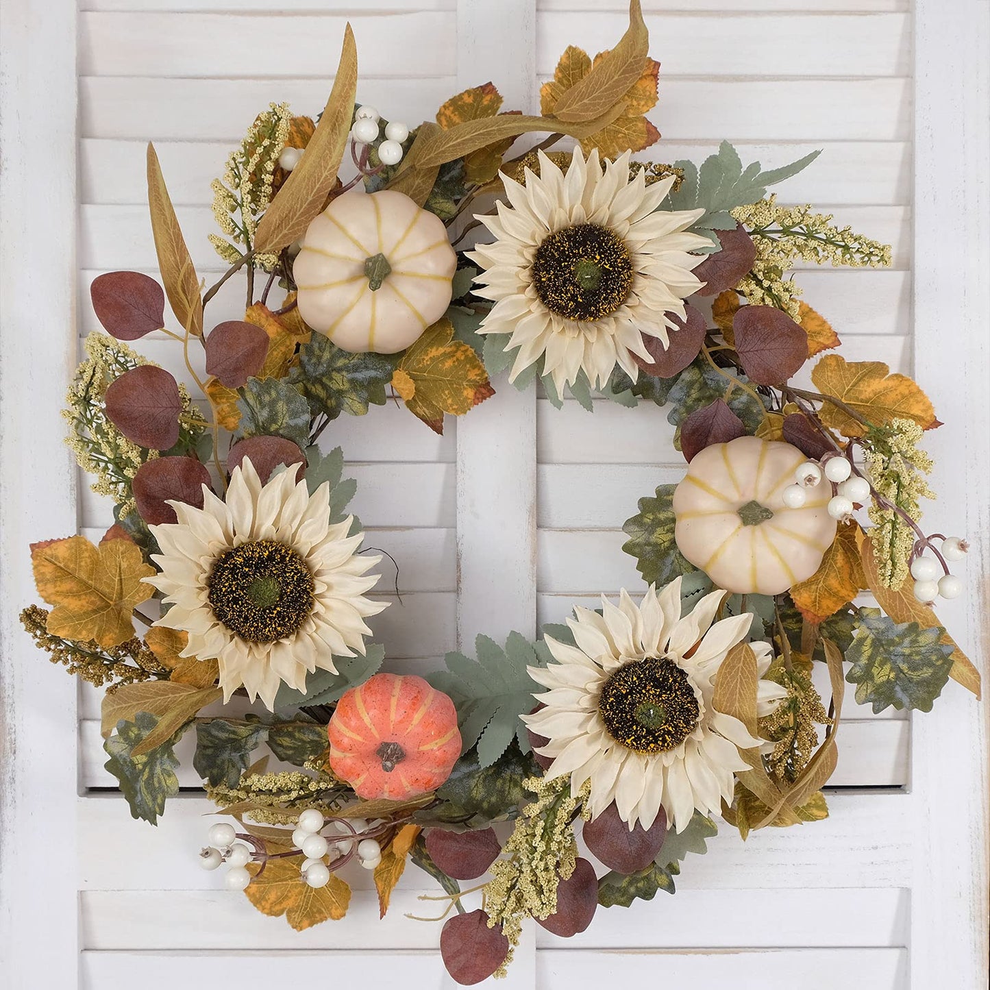 idyllic 20" White Sunflower Artificial Pumpkins Fall Wreath - Green & Yellow Leaves for Front Door Outside, Halloween Wreath, Fall Decorations for Home