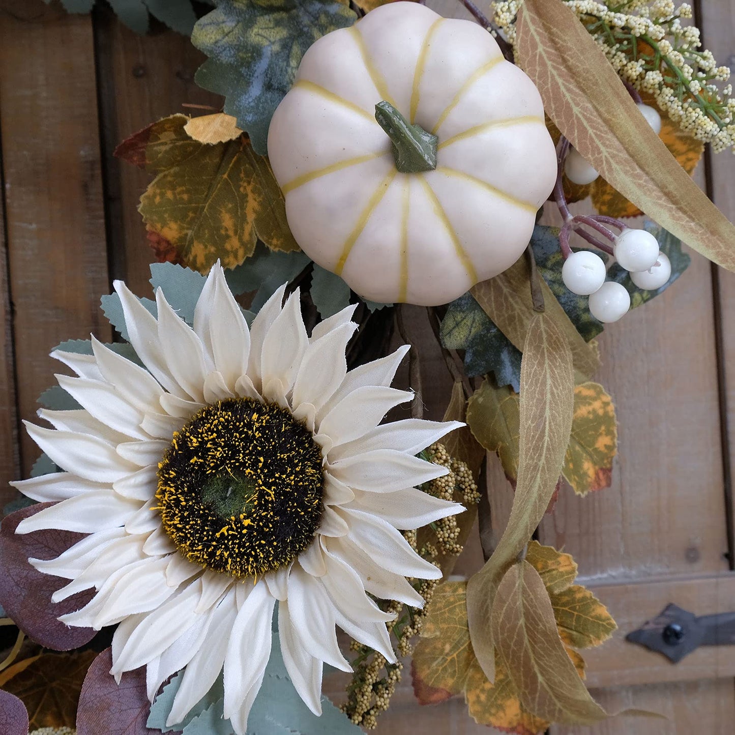 idyllic 20" White Sunflower Artificial Pumpkins Fall Wreath - Green & Yellow Leaves for Front Door Outside, Halloween Wreath, Fall Decorations for Home