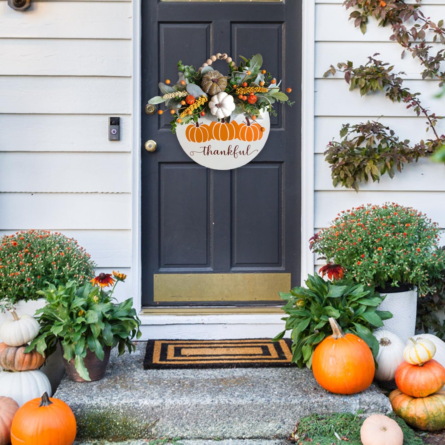 Idyllic Hello Fall Sign Wreath for Front Door, Pumpkin and Berries Wooden Square Wreath for Farmhouse Wall Indoor/Outdoor Harvest Thanksgiving & Fall Season Hanging Wall Decor